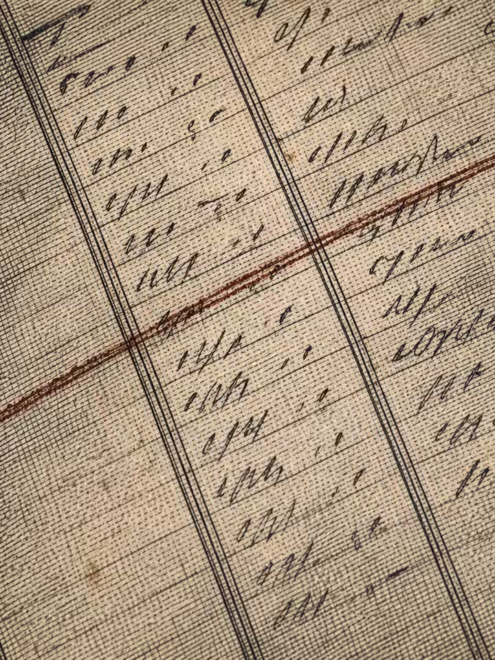 Close crop of engraved ledger lines, audit marks, and worn paper texture in sepia ink.