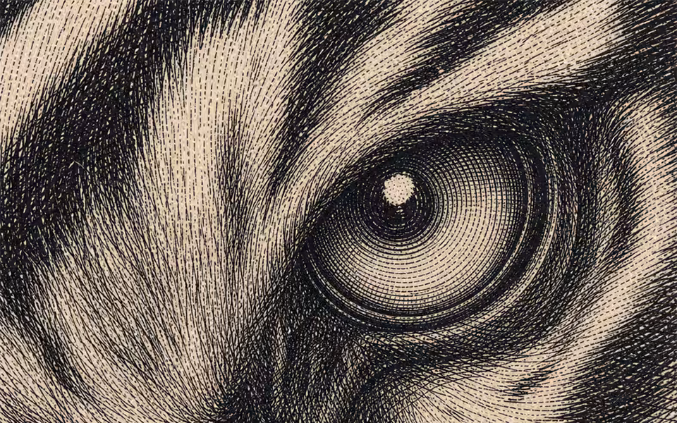 Alive engraved tiger-eye macro crop with sharper ink density and active linework.