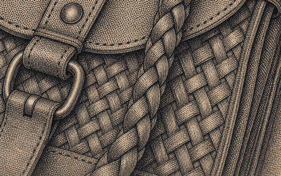 Cropped engraved woven and leather accessory detail for Indus Threads.
