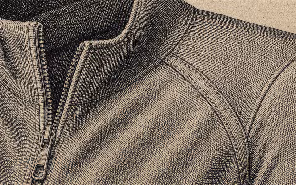 Cropped engraved activewear fabric detail for Zorr, rendered in the Redolanse Press style.