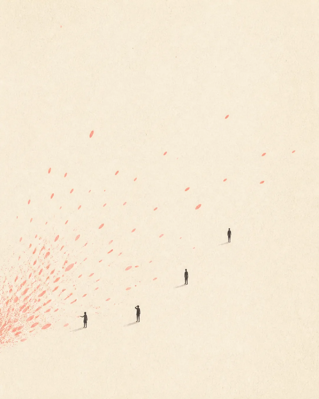Coral impressions travel across an open field toward small figures.