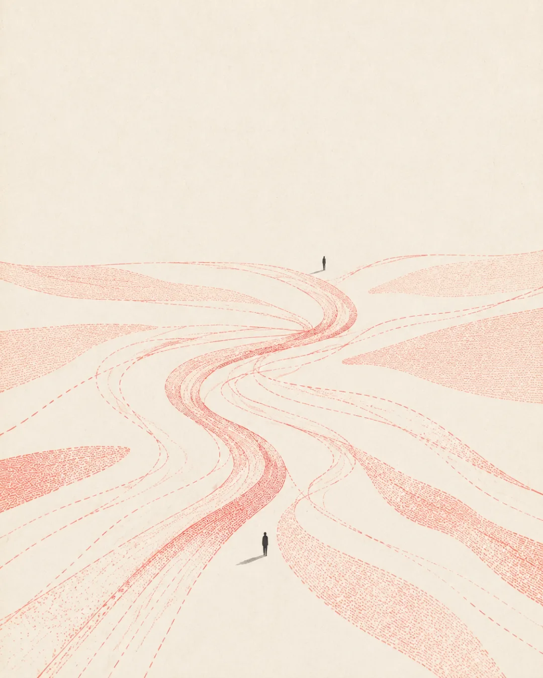 Separate coral paths join between two distant figures.