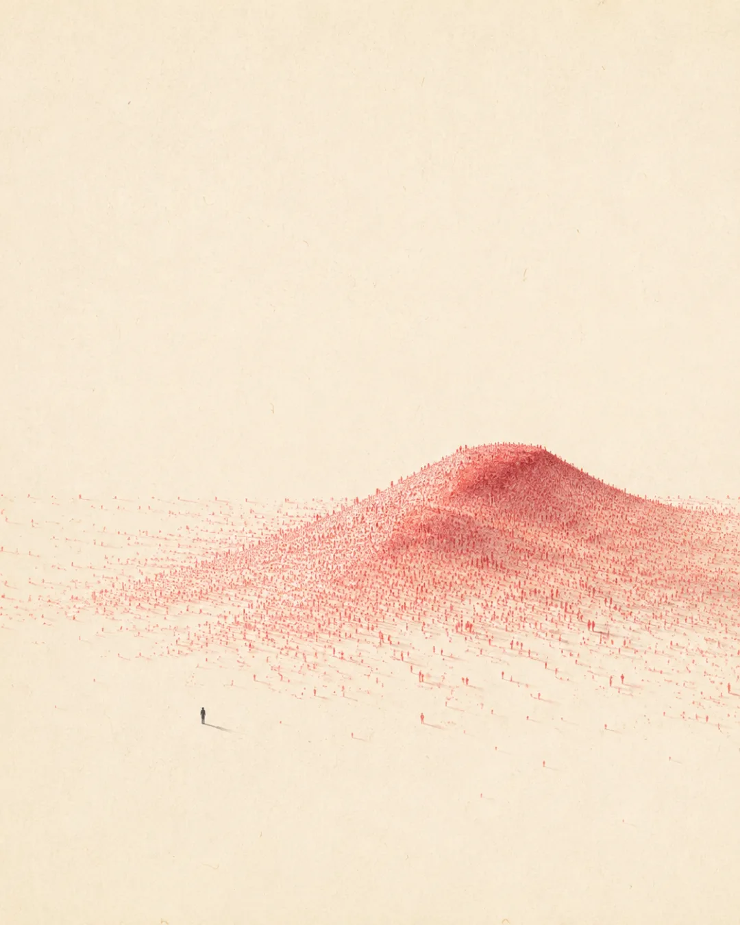 Many small coral marks build a ridge visible across a paper landscape.