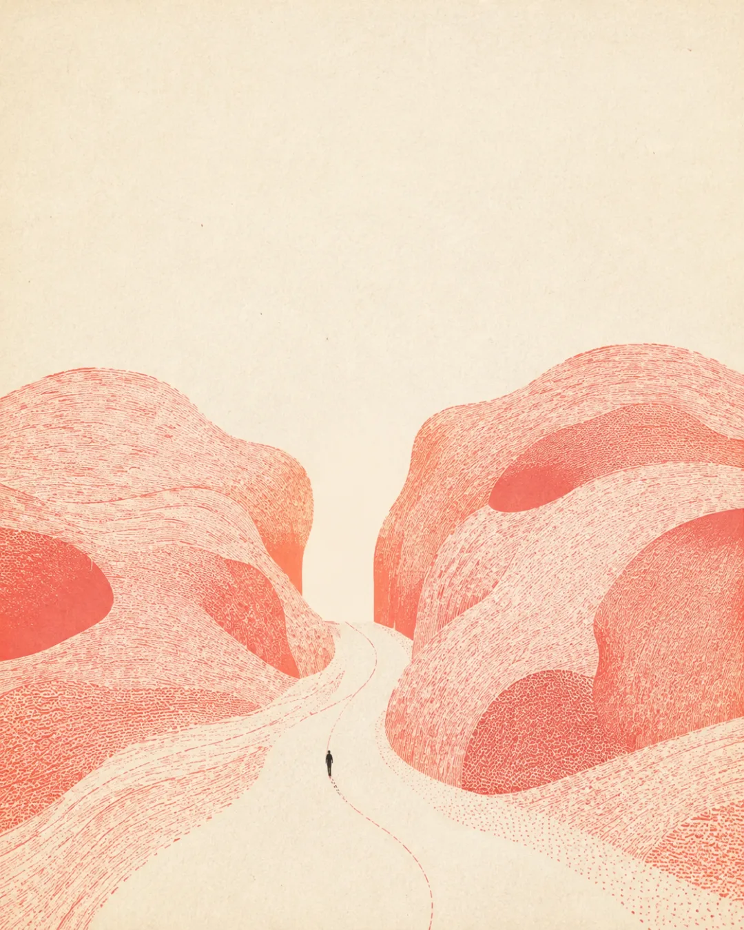 A small figure follows an open passage through coral terrain.