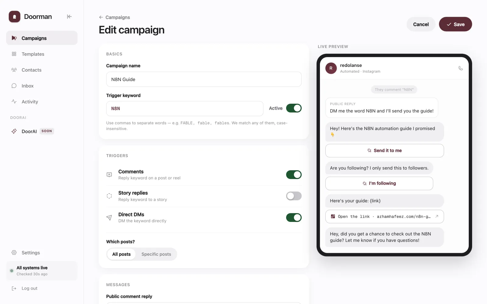 Doorman campaign editor: keyword, triggers and a live phone preview of the DM flow.