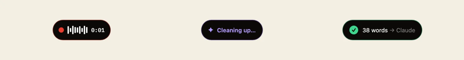 Spokesman's floating pill while recording, cleaning up, and after pasting into Claude.